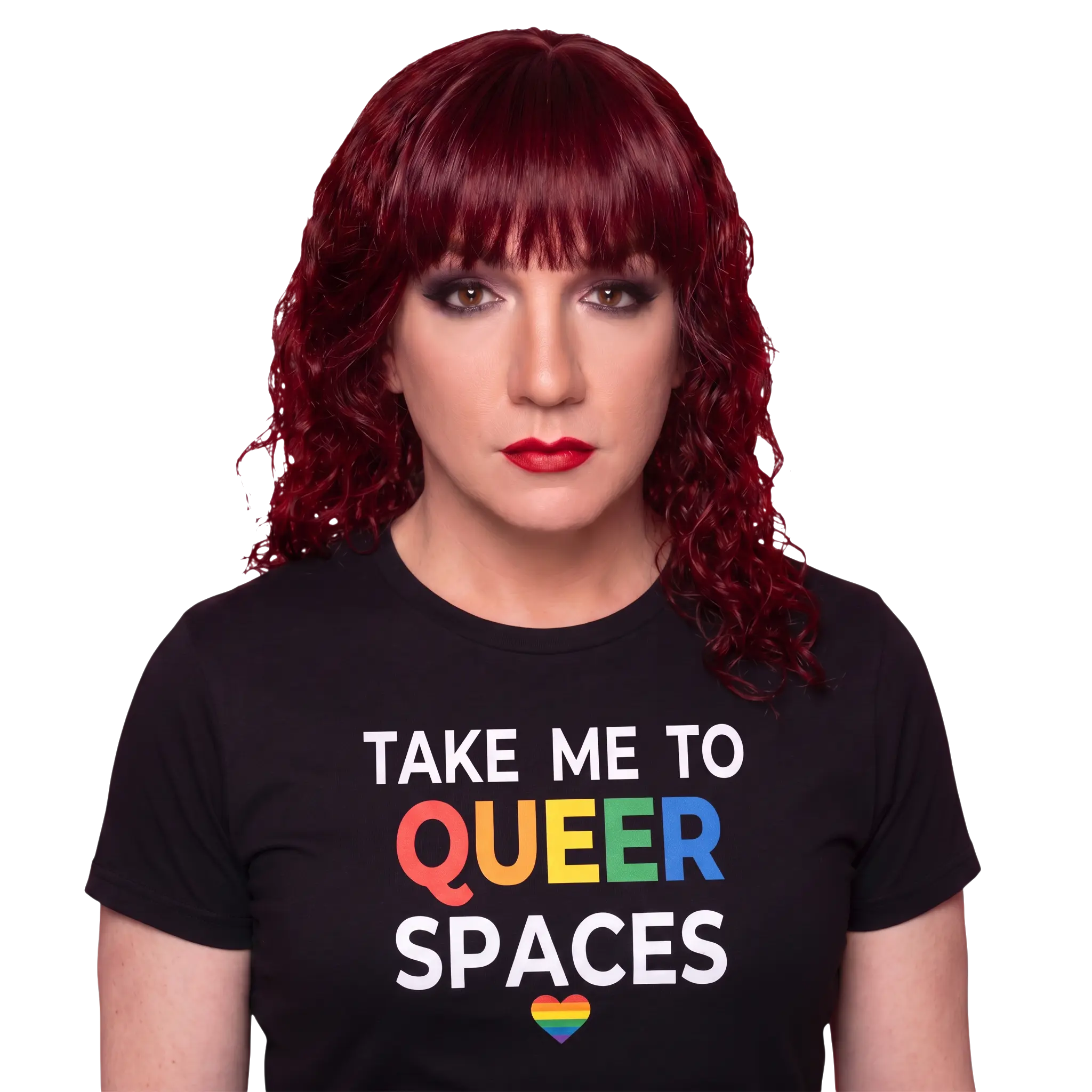 TAKE ME TO QUEER SPACES founder Jenna wearing a TAKE ME TO QUEER SPACES tee